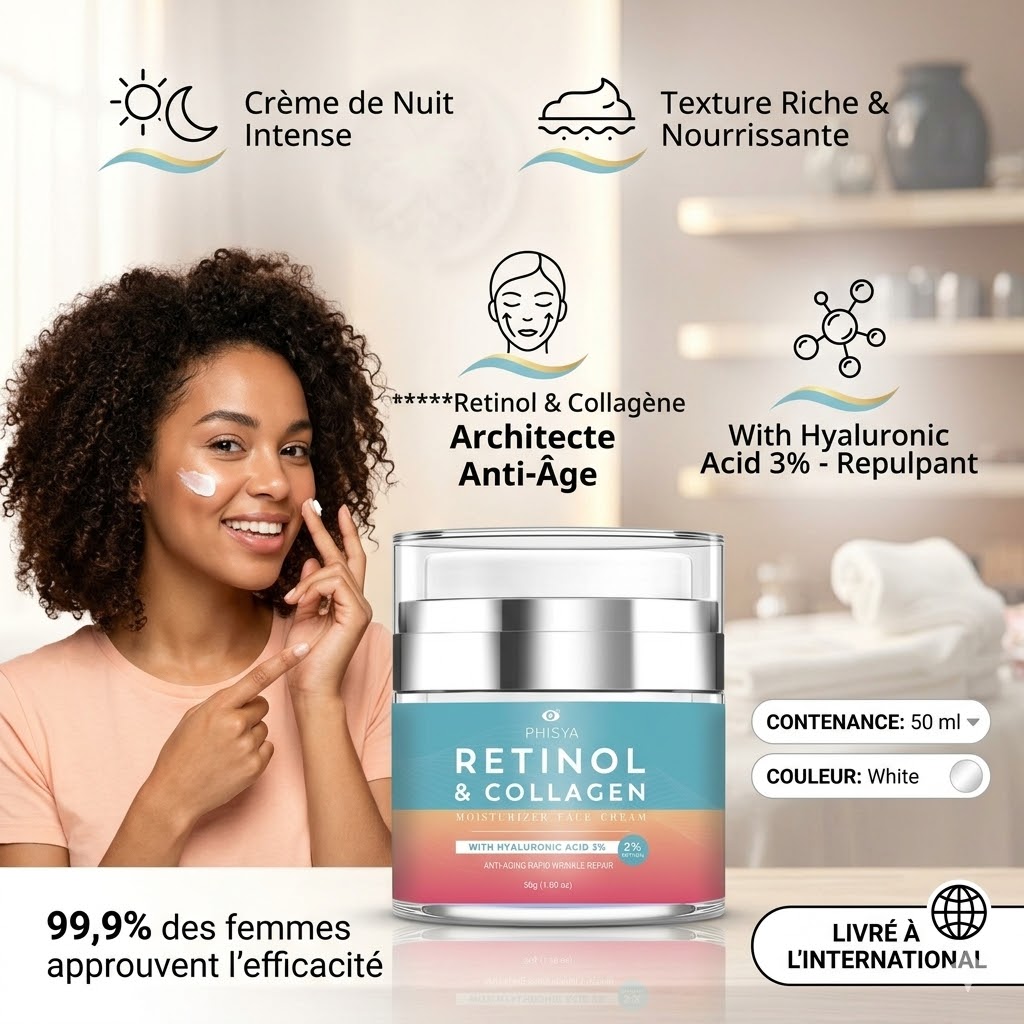 Pot de crème de nuit Phisya au rétinol 50ml, soin anti-âge hydratant et raffermissant pour le visage.