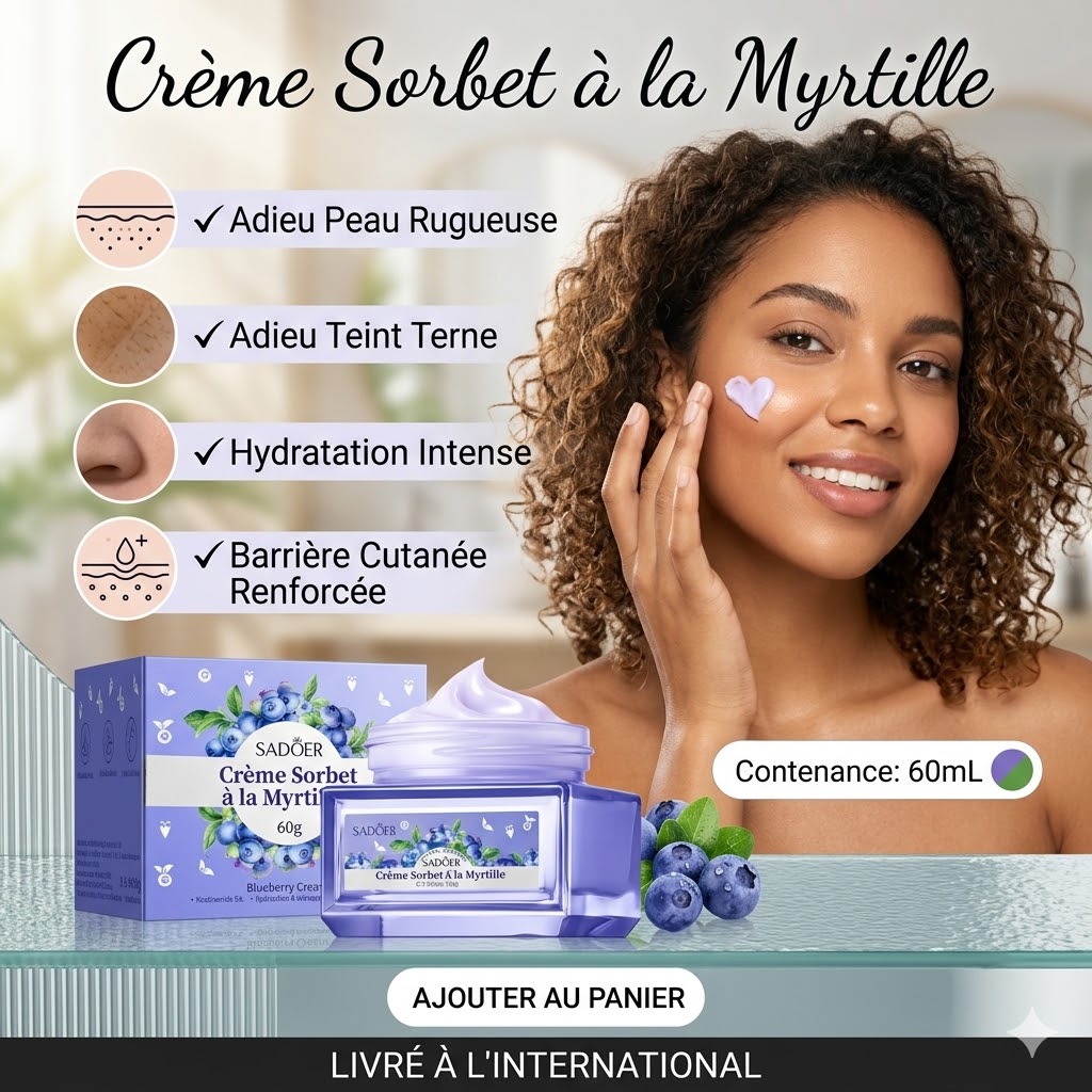 Crème Sorbet Myrtille Hydratante Antioxydante 60g – soin visage nuit à l’acide hyaluronique et niacinamide pour une peau éclatante et protégée.