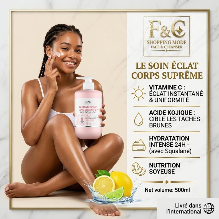Lait Corps Éclat Suprême Face & Cleanser, lotion hydratante à la vitamine C et acide kojique pour unifier et éclaircir le teint.