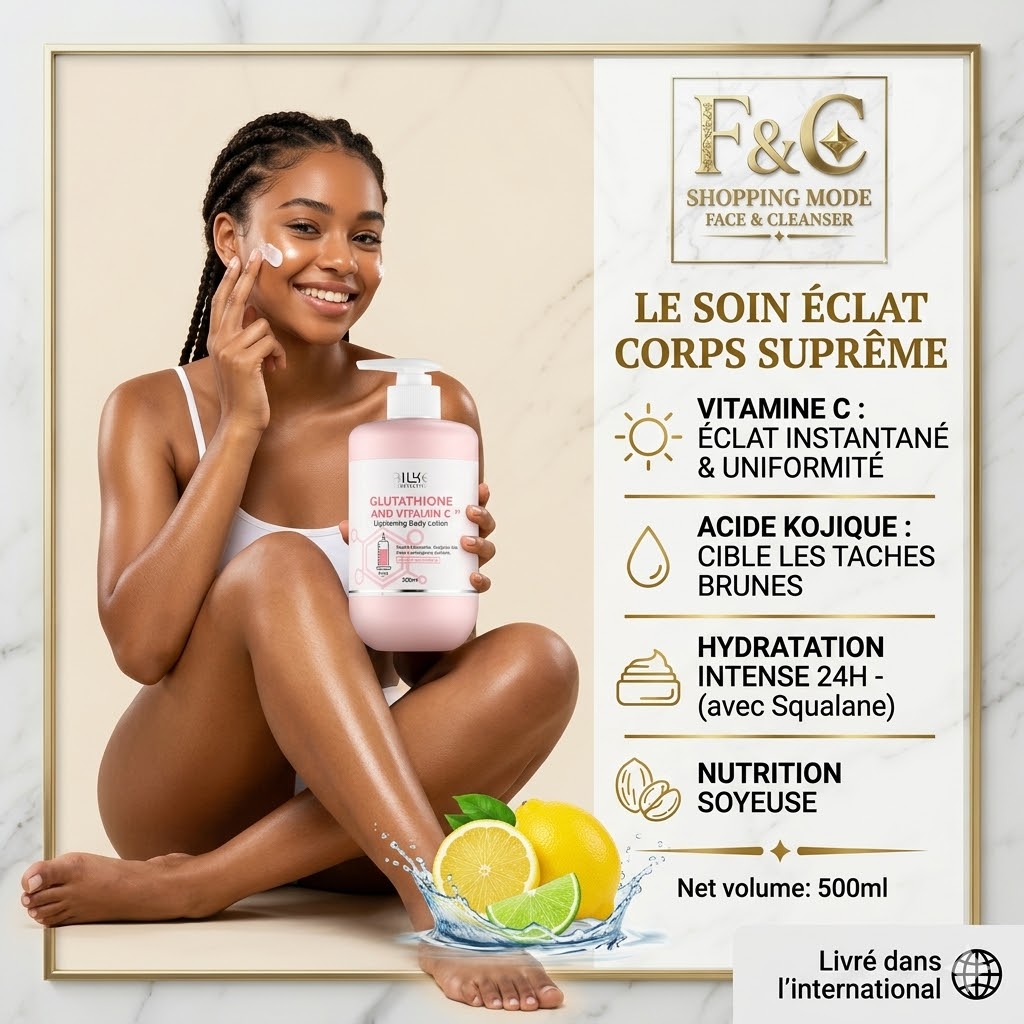 Lait Corps Éclat Suprême Face & Cleanser, lotion hydratante à la vitamine C et acide kojique pour unifier et éclaircir le teint.