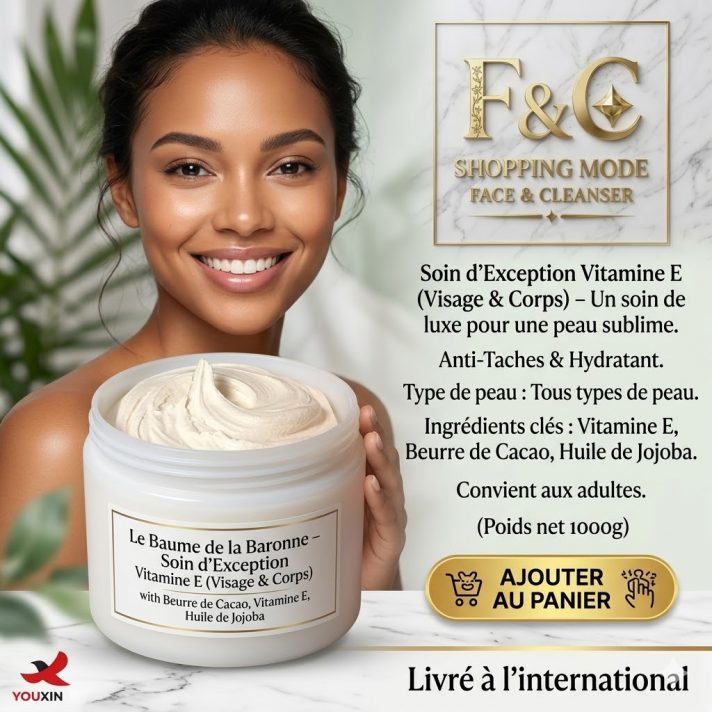 Baume de la Baronne enrichi en Vitamine E, beurre de cacao et huile de jojoba pour une hydratation profonde du visage et du corps.