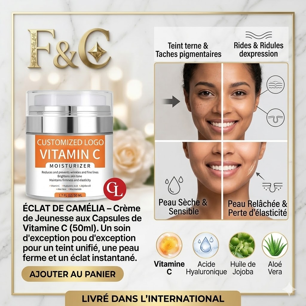 Crème de jeunesse Éclat de Camélia enrichie en capsules de Vitamine C pour un teint lumineux et revitalisé.