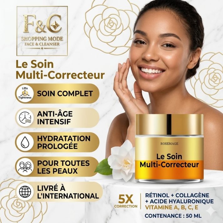 Soin multi-correcteur rétinol, collagène et acide hyaluronique pour le visage.
