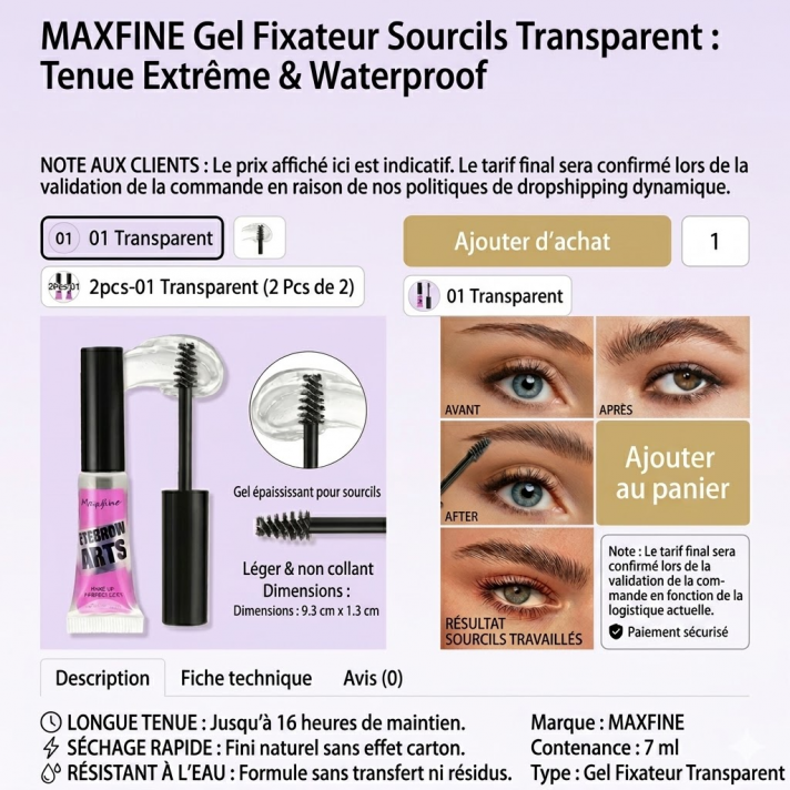 Gel fixateur sourcils transparent waterproof tenue extrême 24h