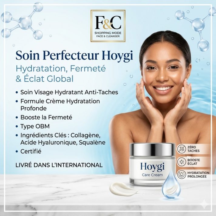 Soin perfecteur hydratant Hoygi au squalène et acide hyaluronique pour un teint éclatant.