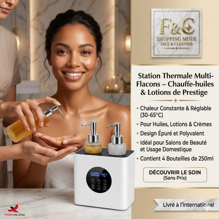 Station Thermale Multi-Flacons professionnelle avec 4 flacons pour chauffer huiles et lotions de soin.