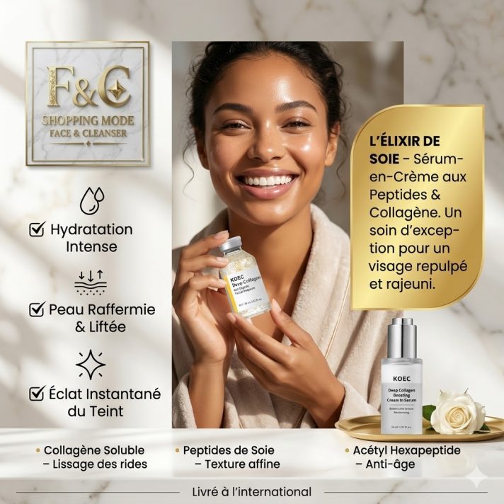 L’Élixir de Soie, sérum-en-crème hybride enrichi en collagène et peptides de soie pour raffermir et lisser la peau.