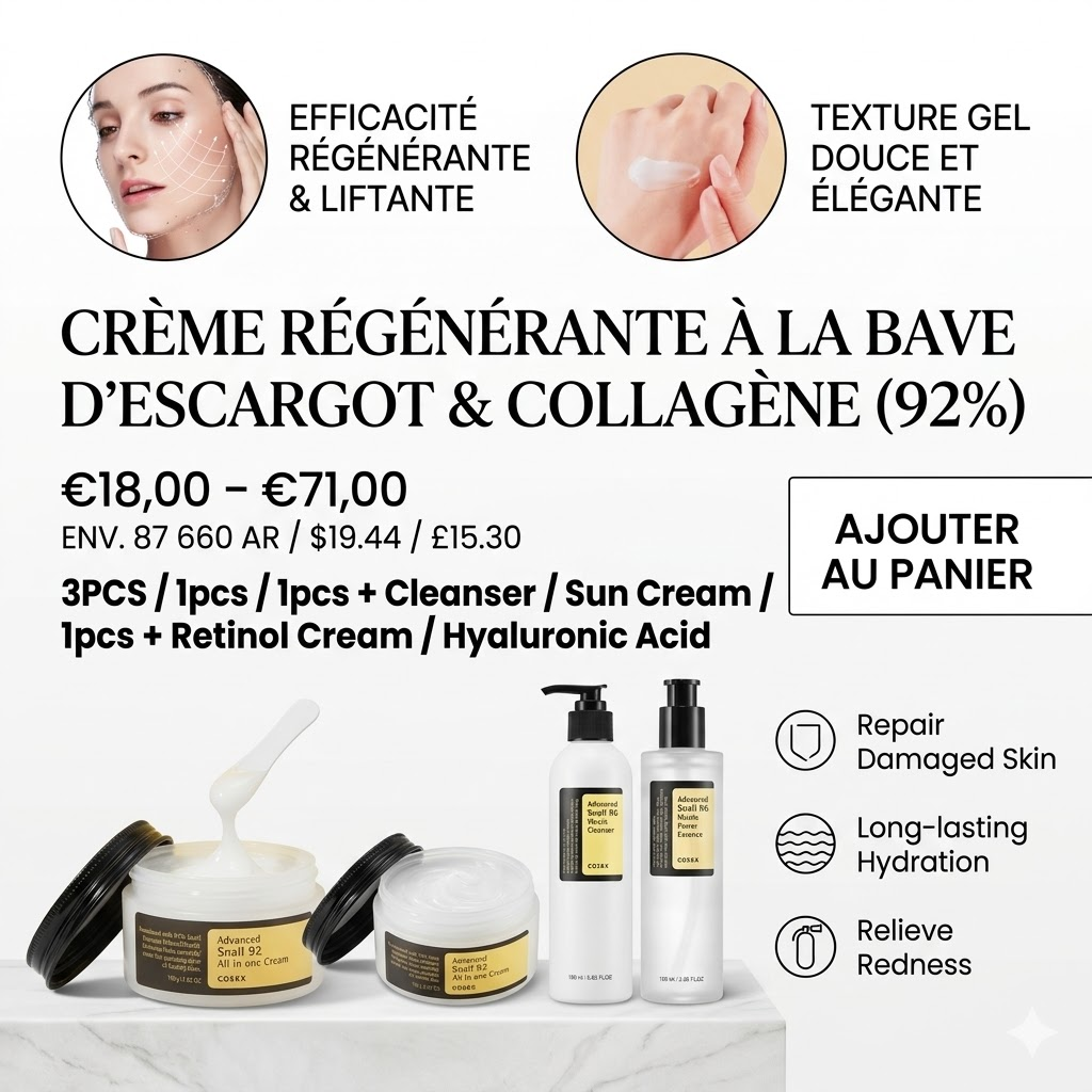 Pot Crème Régénérante Bave d’Escargot 92% et collagène Jaysuing, soin visage hydratant réparateur anti-âge texture gel