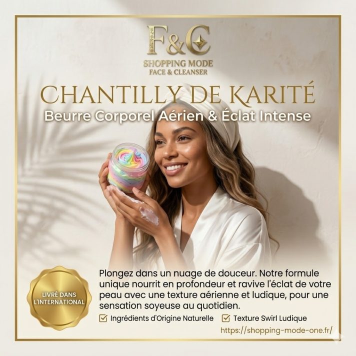 Pot de Chantilly de Karité Face & Cleanser, beurre corporel aérien hydratant et naturel.