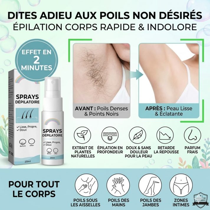 Spray dépilatoire indolore corps jambes maillot 5 minutes