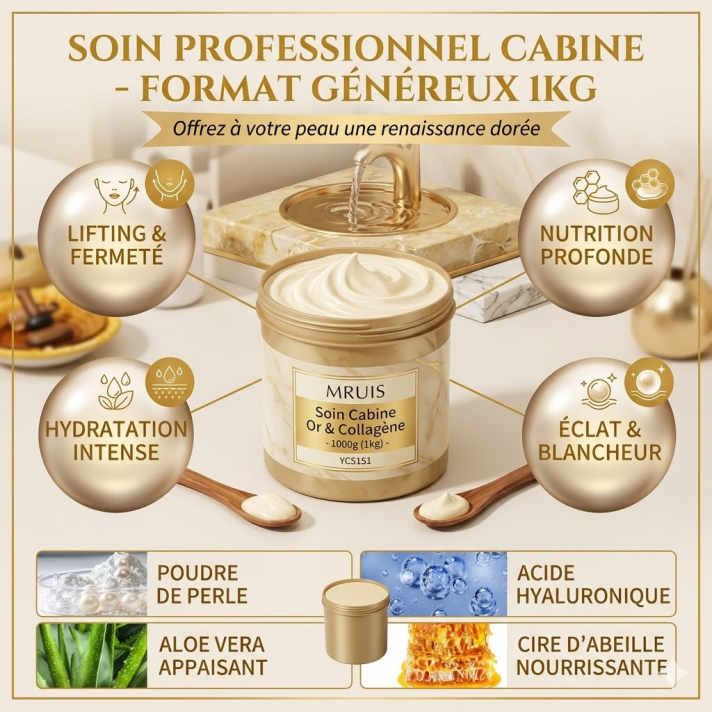 Alt: Pot 1kg crème collagène et or MRUIS pour visage et corps Title: Creme-Collagene-Or-1kg-Pot