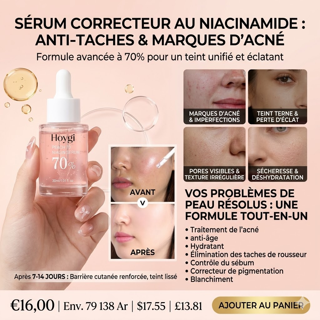 Flacon Sérum Niacinamide Anti Taches Hoygi 30ml pour corriger mélasma et marques d'acné