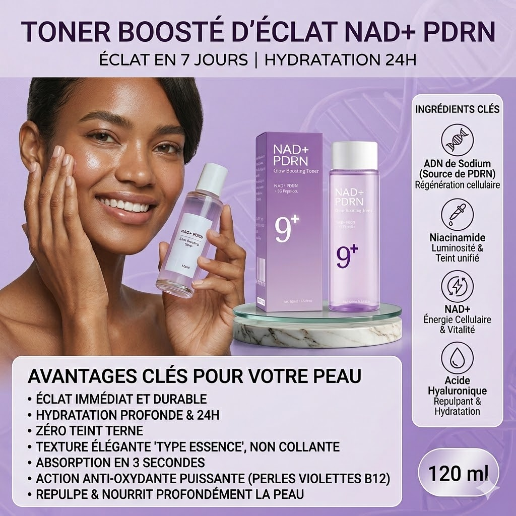 Bannière publicitaire pour le Toner Régénérant Sauvasine NAD+ & PDRN, un soin du visage hydratant et anti-âge pour les femmes.