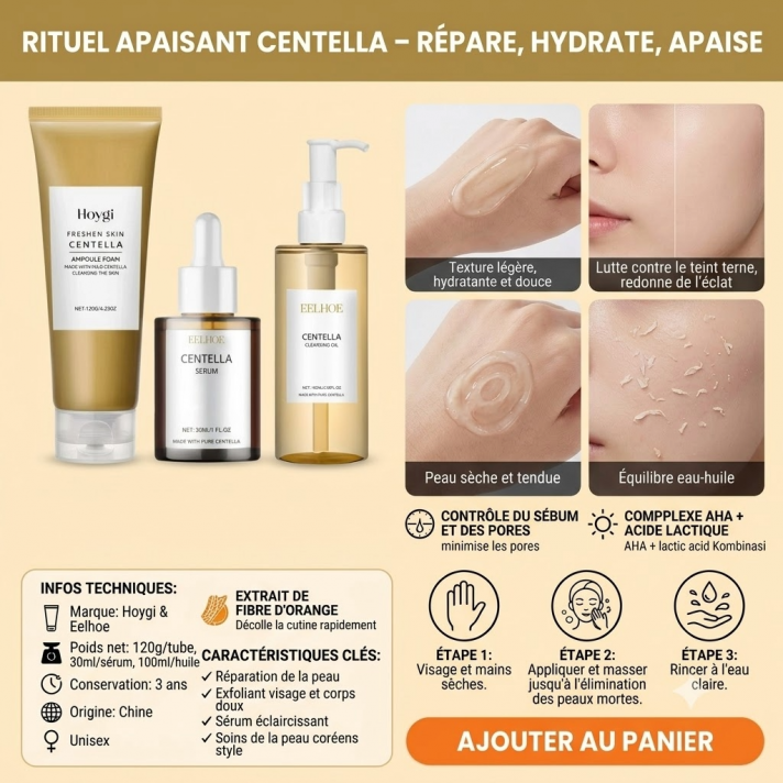 Rituel Apaisant Centella Hoygi trio peaux sensibles nettoyant huile essence