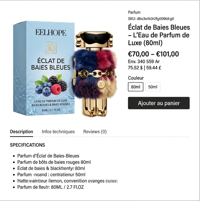 Eau de Parfum Unisexe Éclat de Baies Bleues Eelhope 80ml - flacon luxe note fleur fruitée