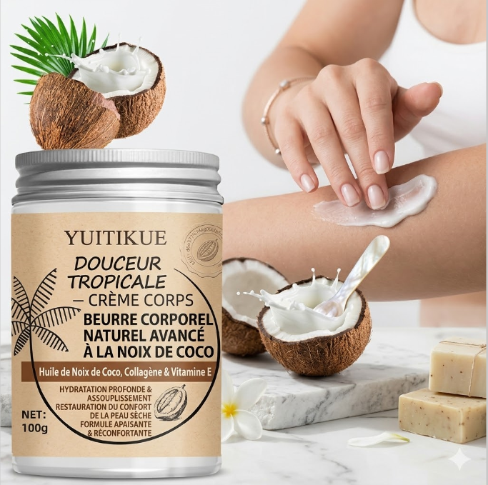 Pot Crème Corps Hydratante Noix de Coco 100g Douceur Tropicale texture onctueuse blanche coco fraîche peau douce brillante parfum tropical
