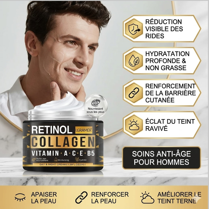 Pot Crème Visage Homme Collagène Rétinol OUHOE 60g anti rides hydratante nuit texture crème homme 35 ans raffermissante CPNP