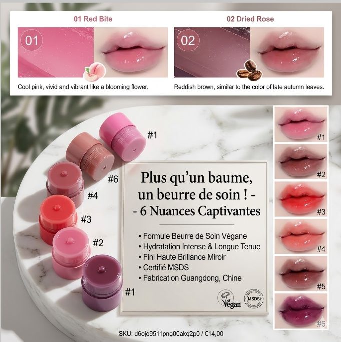 Baume levres teinte vegan hydratant oem NLL-6CM beurre de soin 6 colors mineral
