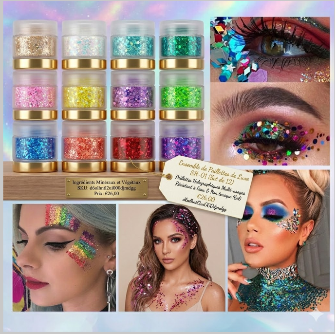 Gel pailleté waterproof visage corps set 12 couleurs shining glitter SH