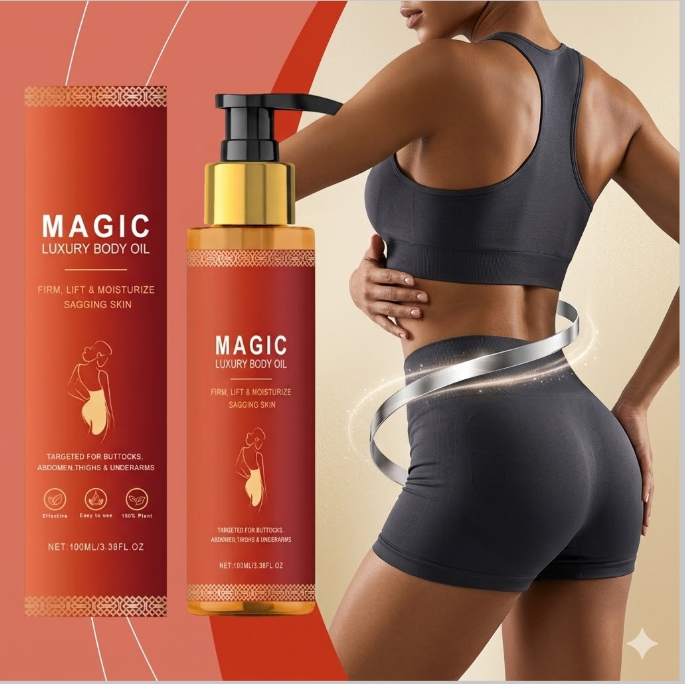 Flacon Huile Corps Raffermissante 100ml L’Huile d’Or texture huile sèche dorée application ventre cuisse bras peau tonique lumineuse satinée