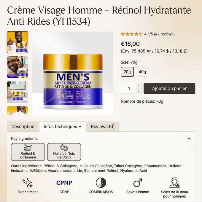 Pot Crème Visage Homme Retinol 70g YOUNGCOME anti rides hydratante éclat texture crème nuit homme 40 ans collagène