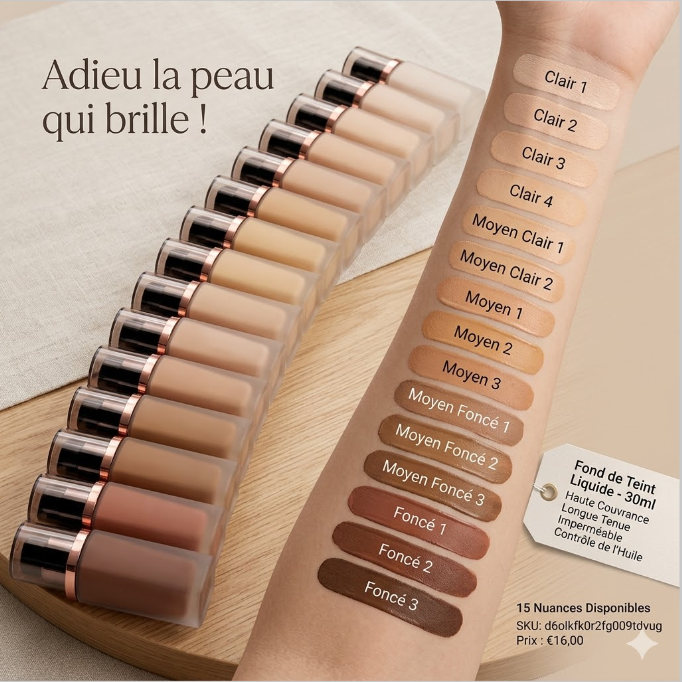 Fond de teint liquide waterproof mat 16h aimoosi – flacon 30ml avec swatch 21 teintes