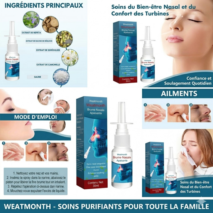 Brume Nasale Apaisante Weatmonth 30ml - Spray nasal purifiant à la saline, extrait de schizonepeta et racine de réglisse pour confort respiratoire