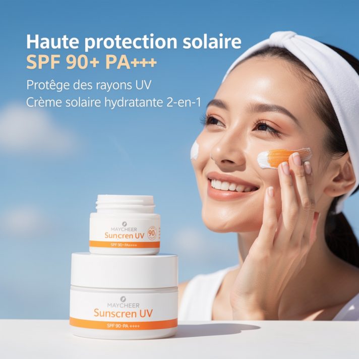 Crème solaire SPF 50+ PA++++ waterproof MAYCHEER 50g. Très haute protection UVA UVB. Hydratante glycérine. Non grasse toutes peaux