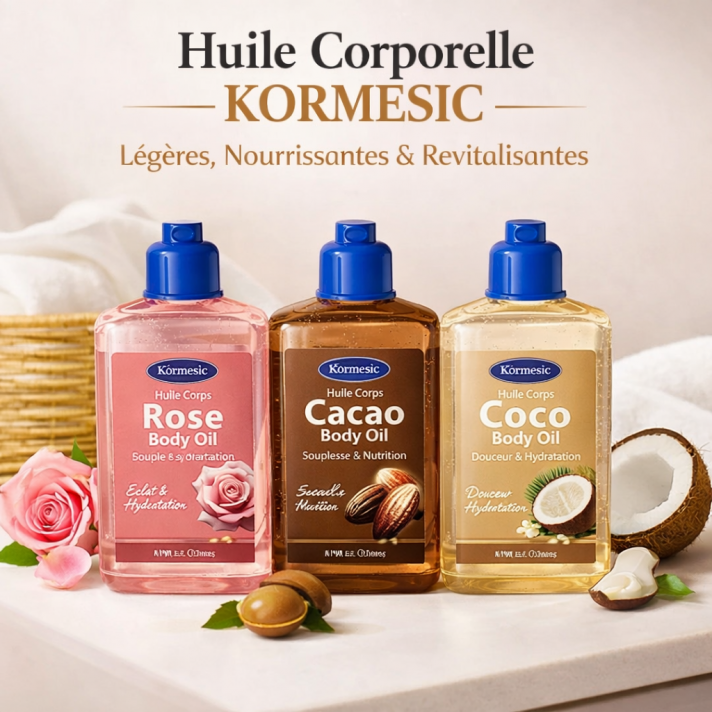 Coffret 3 Huiles Soin Corps Éclat Rose Coco Cacao 30ml flacons verre texture sèche non grasse nutrition intense parfumées unisexe