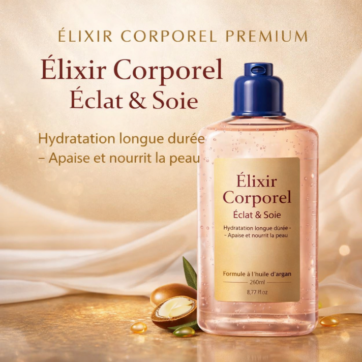 Flacon Élixir Corporel Hydratant Huile d’Argan 260ml texture fluide soyeuse éclat satiné nutrition peaux sèches pénétration 30 secondes non gras unisexe