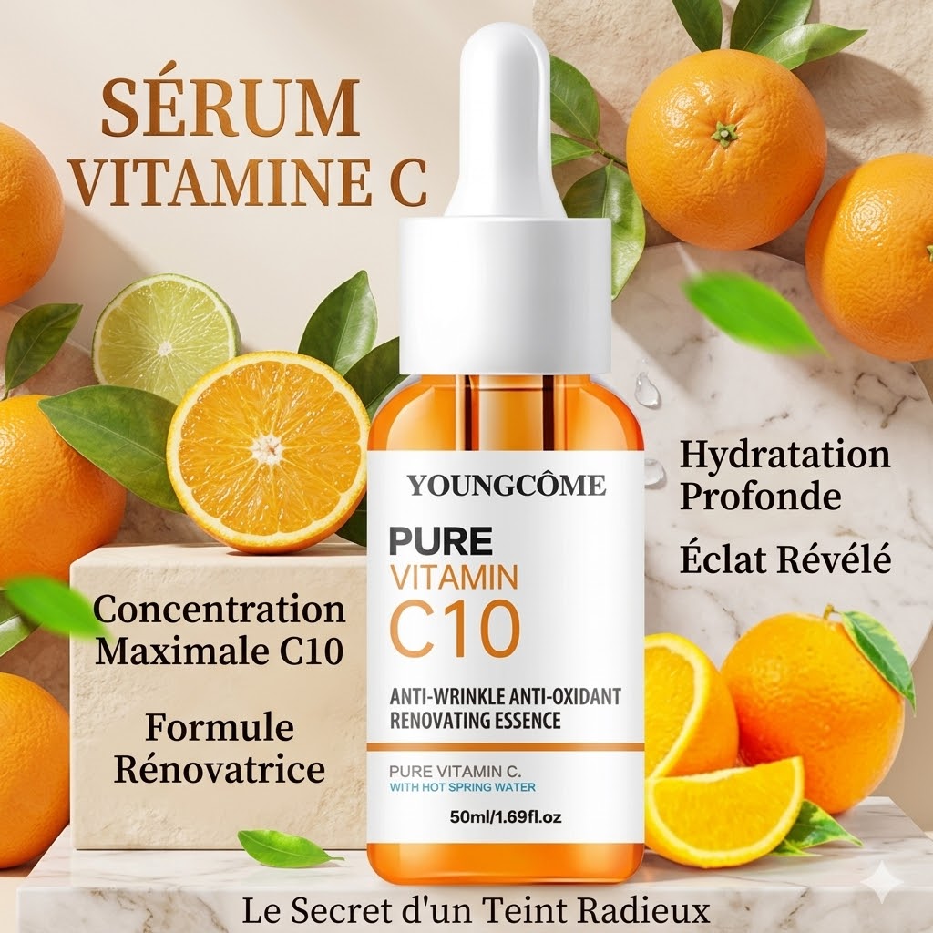 Sérum vitamine C acide hyaluronique YOUNGCOME flacon pipette 30ml 50ml. Éclat anti âge hydratant unifiant anti taches visage unisexe