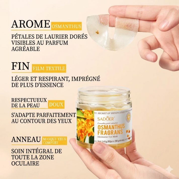 Masques yeux hydratants osmanthus SADOER 80 patchs anti poches anti cernes. Pot 140g contour yeux unisexe regard radieux