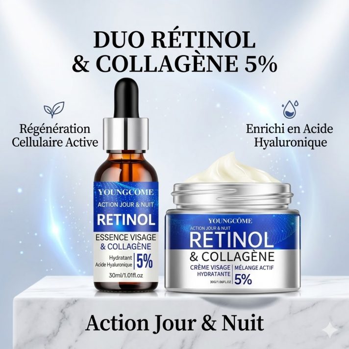Duo expert retinol serum creme jeunesse YOUNGCOME anti age. Serum concentré + crème nuit. Rides fermeté hydratation 36h unisexe