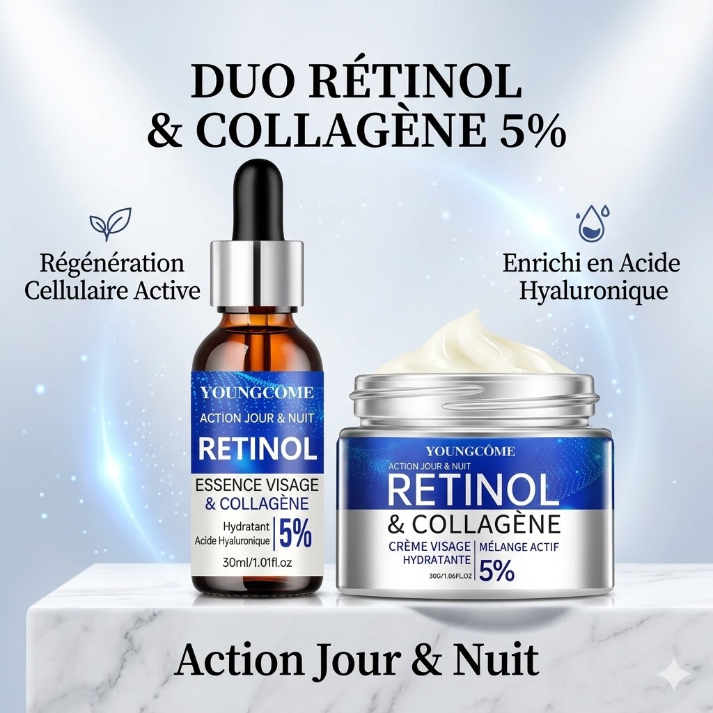 Duo expert retinol serum creme jeunesse YOUNGCOME anti age. Serum concentré + crème nuit. Rides fermeté hydratation 36h unisexe