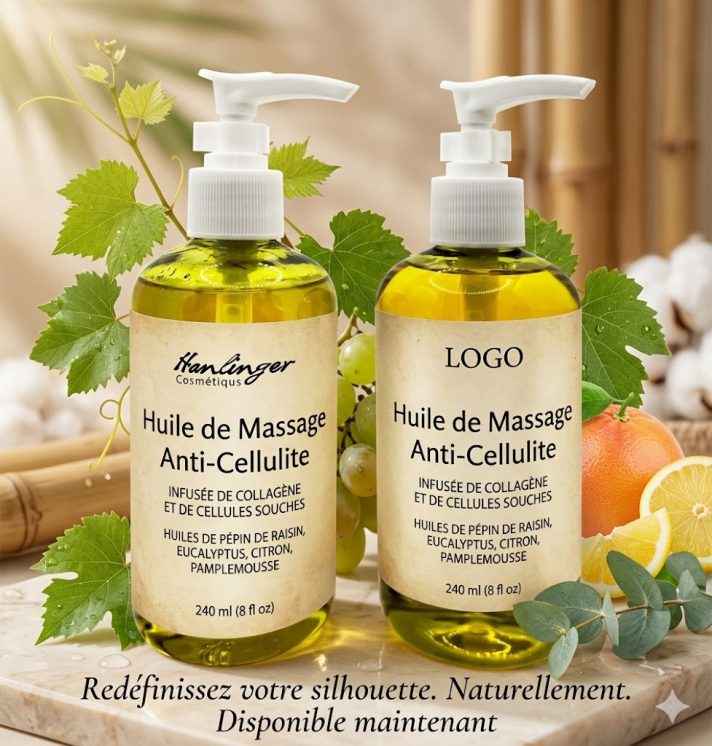 Huile massage anti cellulite Han Linger 240ml lavande citron orange gingembre. Draine raffermit nourrit corps. Usage quotidien tous types peaux