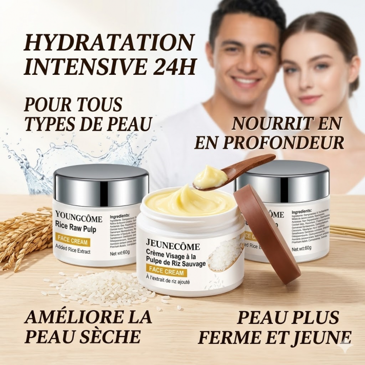Pot Crème Visage Hydratante Riz YOUNGCOME 60g texture crème onctueuse hydratation 24h aspect éclat teint visage nourrissant confort peau sèche unisexe